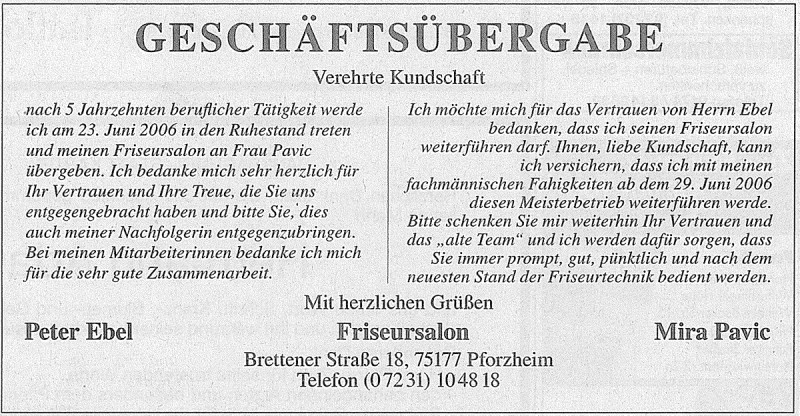 Anzeige zur Geschäftsübergabe